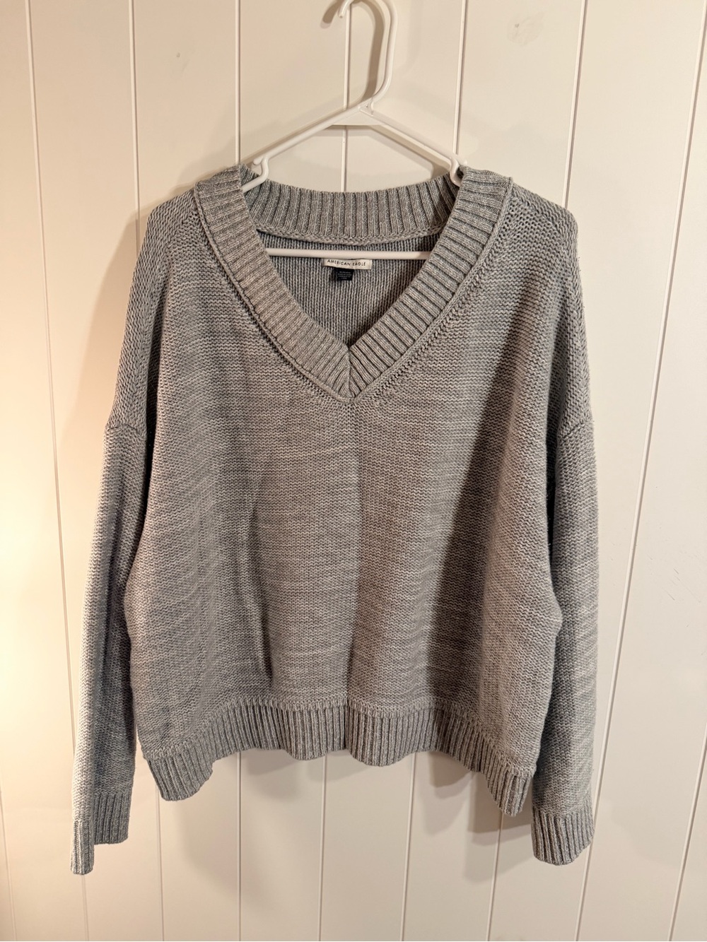 American Eagle Gray Cotton V-Neck Oversized Knit Sweater XL